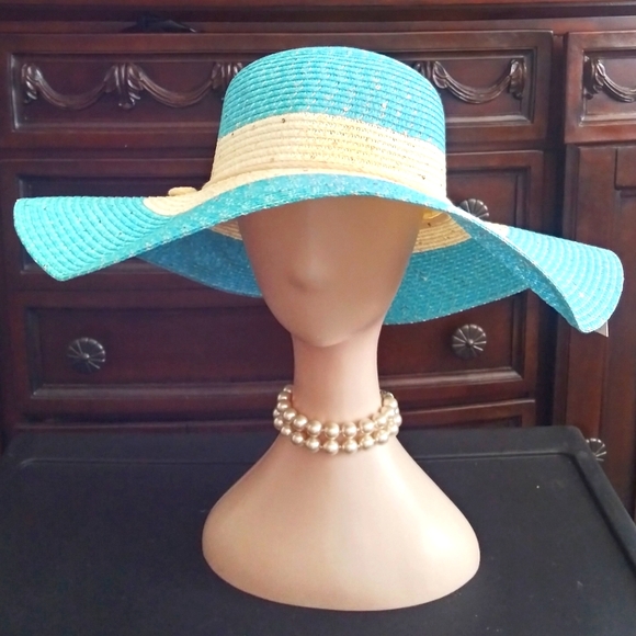 Beloved Millinery Accessories - Turquoise Wide Brim Floppy Summer Hat Beach Church Reception Party Brunch NWT